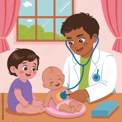 Doctor examining baby with stethoscope while another child watches in a colorful cartoon illustration