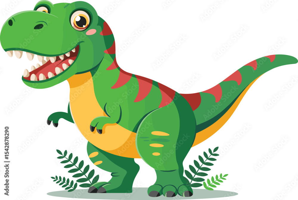 Fototapeta premium Adorable cartoon Tyrannosaurus Rex illustration, a friendly green dinosaur perfect for children's designs, education, and prehistoric themes.