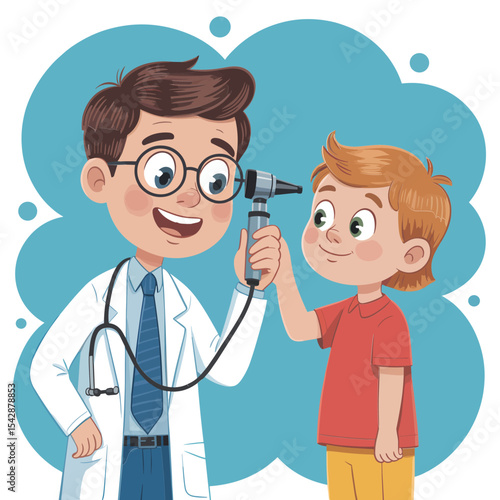 Doctor examining child's ear with otoscope during a medical checkup in a clinic cartoon illustration