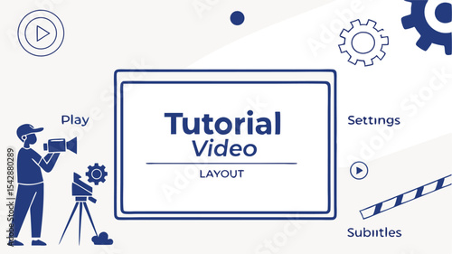Illustration of a tutorial video layout with play settings subtitles and a cameraman and camera setup