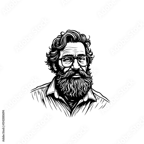 Detailed black and white portrait of a bearded man with glasses illustration
