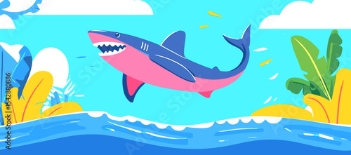 Cartoonish pink and blue shark with jagged teeth swimming above stylized ocean