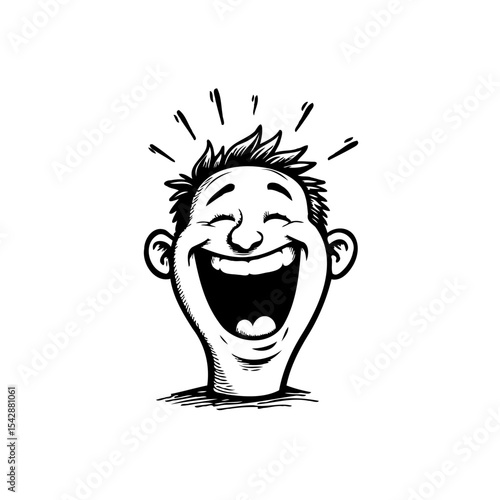 Cartoon drawing of a man laughing hysterically with an open mouth expressing joy
