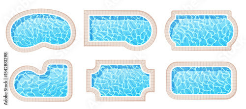 Swimming pool set. Top view poolside collection of different shape, form and size