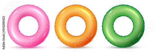Realistic inflatable ring collection for swimming pool. Pink, orange and green floating swim tube set