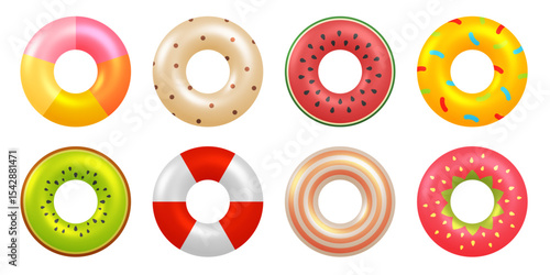 Cute inflatable ring icon set. Trendy floating swim tube collection