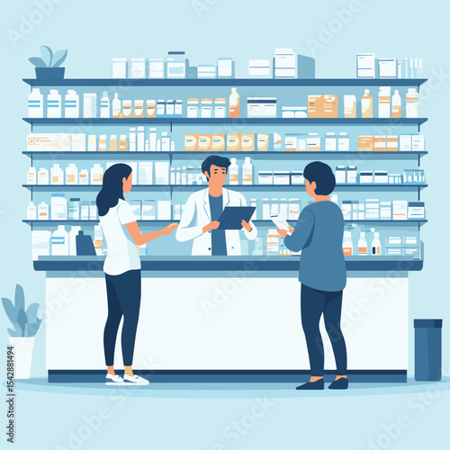 Pharmacist helping customers to choose drugs in pharmacy