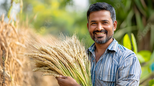 indian farmer holding barley and showing his strong and healthy crop of wheat