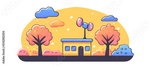 Whimsical Weather Station with Trees and Clouds in a Cartoon Landscape.