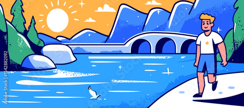 Young Man Strolling Lakeside Scenic Bridge Sunset View