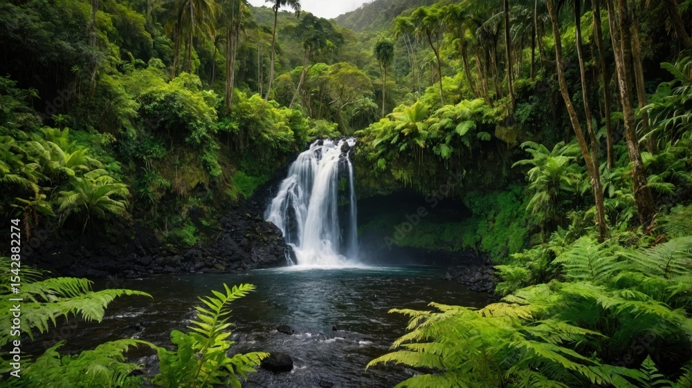 Lush waterfall cascading into a tranquil pool amidst a dense rainforest. Lush waterfall cascading into a tranquil pool amidst a dense rainforest.