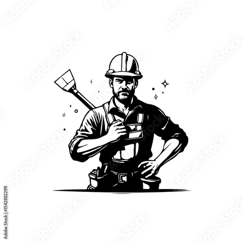 Confident tradesman with plunger, symbol of service, maintenance and repair