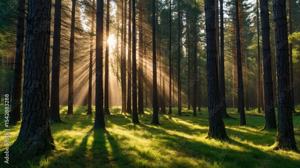 Obraz premium Sunlight streams through a dense forest.