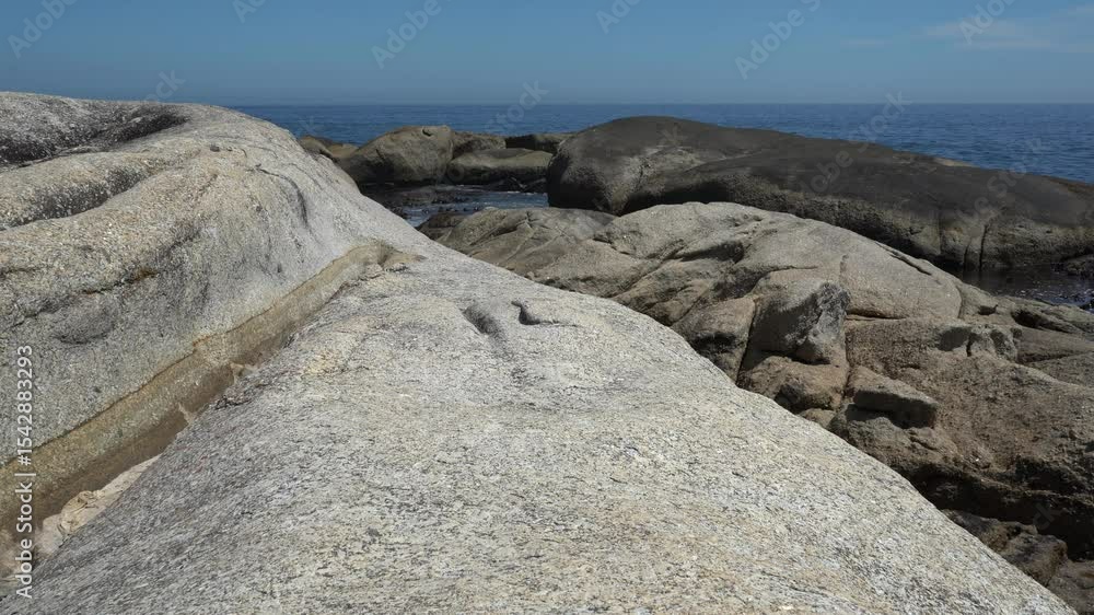 Rocky shoreline massive beach sea boulders with lots of kelp in the sea Rocky shoreline massive beach sea boulders with lots of kelp in the sea