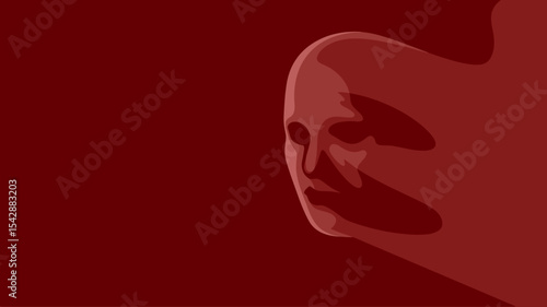 Ghostly face shadow on dark red background in flat vector design