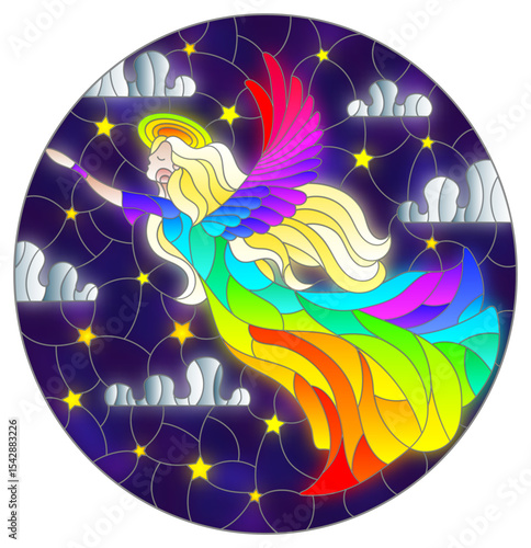 An illustration in the style of a stained glass window with an angel girl in a rainbow dress on the background of a starry night sky