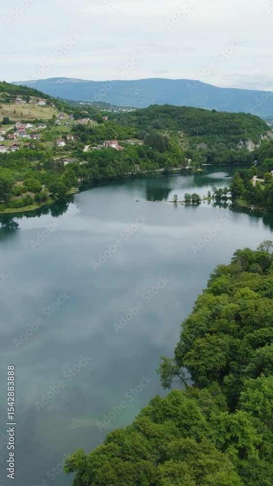 Veliko Plivsko Lake in Jajce city, Bosnia. Aerial vertical view Veliko Plivsko Lake in Jajce city, Bosnia. Aerial vertical view