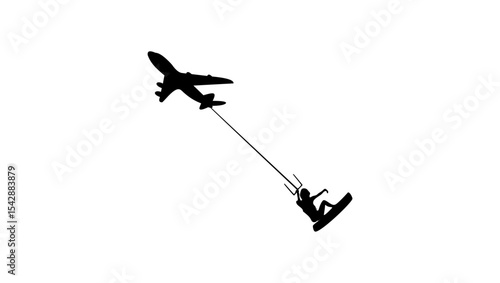 kiteboarder with airplane, travel logo , black isolated silhouette