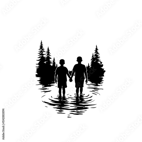 Two young boys walking together through shallow water surrounded by silhouetted trees