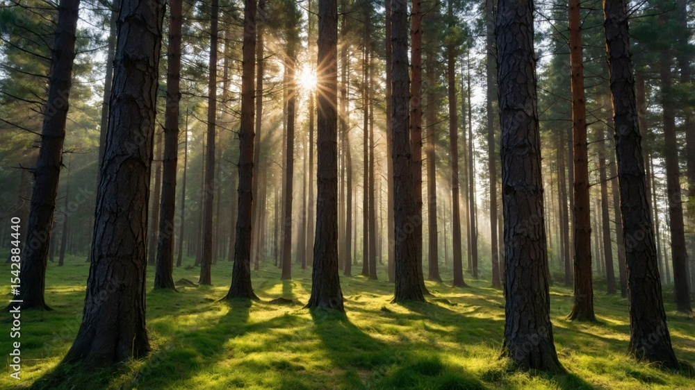 Obraz premium Sunlight streams through a dense pine forest.