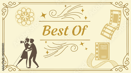 Illustration of a couple filming with movie reels, stars and decorative elements in a vintage style frame