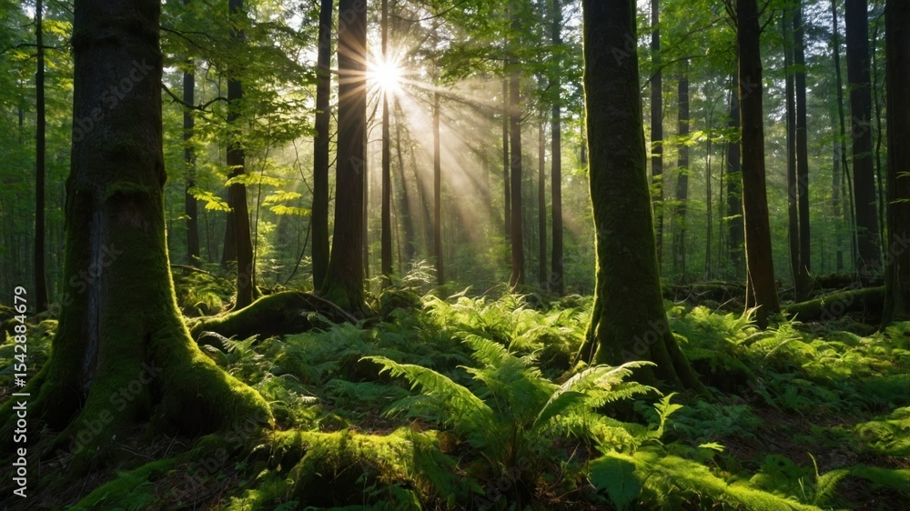 Obraz premium Sunlight streams through a lush forest floor covered in ferns and moss.