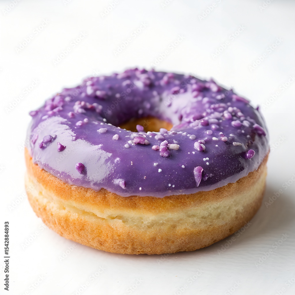 A colorful donut with purple frosting and sprinkles on a white background. A colorful donut with purple frosting and sprinkles on a white background.