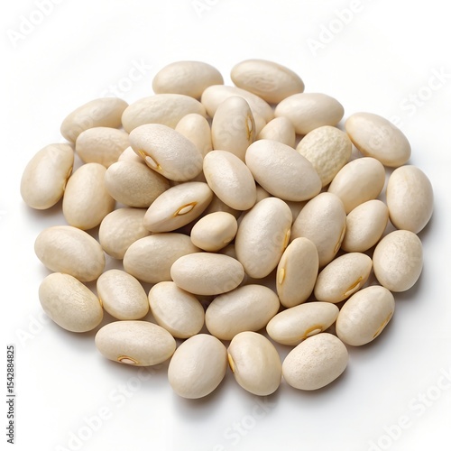 A pile of white beans on a white background, showcasing their smooth texture.