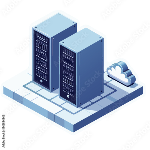 Isometric illustration of two server racks with a cloud icon representing cloud computing