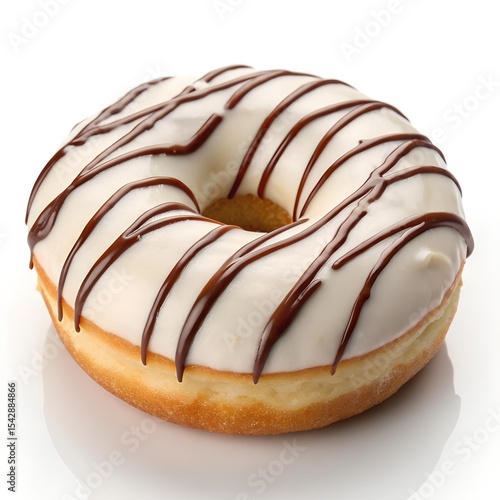 A glazed donut with chocolate drizzle on a white background.