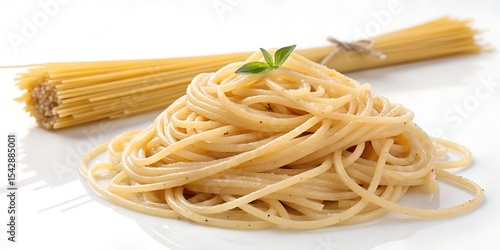 A nest of uncooked spaghetti with herbs on a white background.
