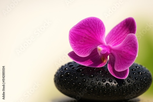 Pink orchid flower on black spa stone, wellness and relaxation, luxury zen concept