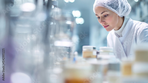 A lab technician analyzing skin care products in a high-tech laboratory, symbolizing product safety and innovation