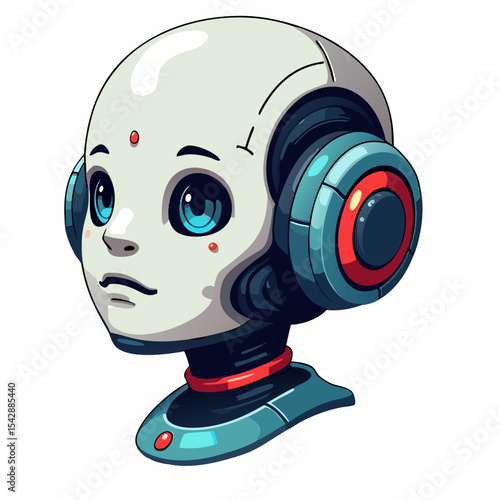 Illustration of a stylized robot head with headphones on a black background digital art sticker