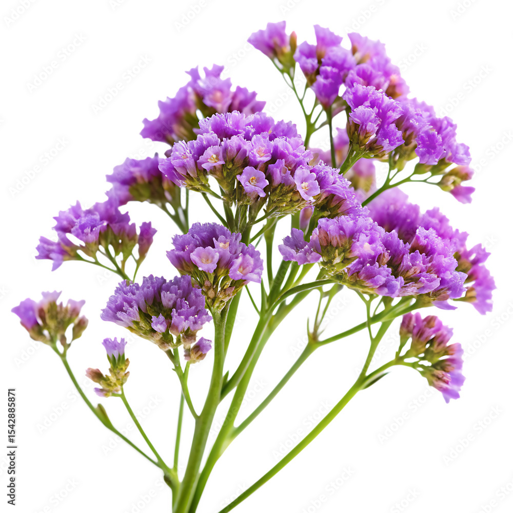 Fototapeta premium A cluster of light purple Limonium flowers with green stems isolated on a transparent background statice