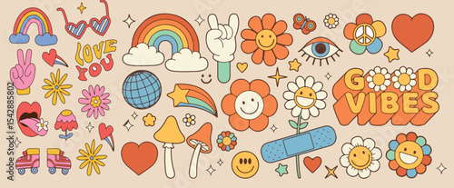 Collection of retro style love, groovy, cute, funky, pop art and hippie doodles stickers element set.

