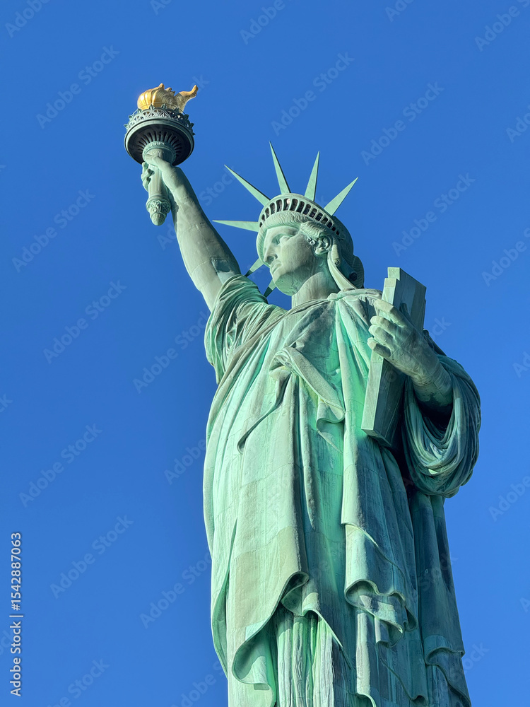 Fototapeta premium The Statue of Liberty and the clear blue sky. The Statue of Liberty, a symbol of New York. The statue is looking to the left. From the knee up.