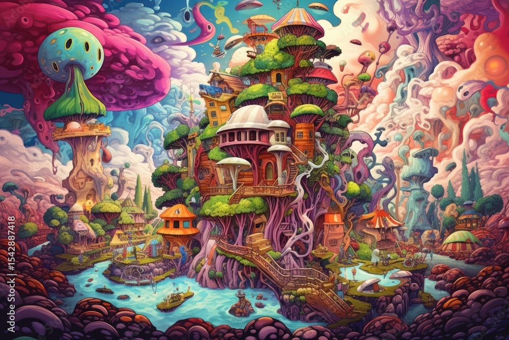 Obraz premium A whimsical, surreal landscape of a fantastical city nestled amongst towering trees.