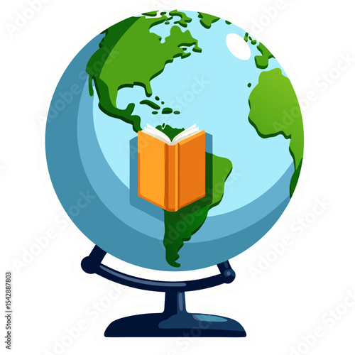 Globe illustration with an open book, symbolizing knowledge, education, and global learning
