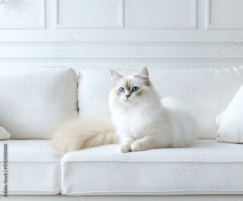 Blue-eyed cat lounging on white sofa, elegant and fluffy feline in bright, minimalist living room interior