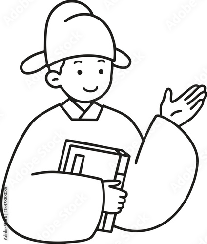 Line-drawing men in traditional Korean clothes for coloring