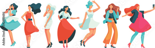 Diverse group of confident and stylish women posing, dancing, and taking selfies, celebrating body positivity, friendship, and individuality.