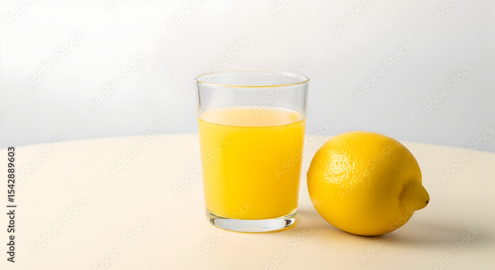 Refreshing Yellow Lemonade or Lemon Juice in a Glass Alongside a Whole Fresh Lemon on a Light Wooden Table with White Background Refreshing Yellow Lemonade or Lemon Juice in a Glass Alongside a Whole Fresh Lemon on a Light Wooden Table with White Background