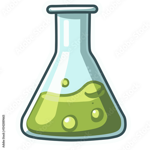 Cartoon illustration of a laboratory flask filled with green liquid against a black background
