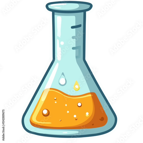 Illustration of a conical flask with a yellow liquid and bubbles for science themes