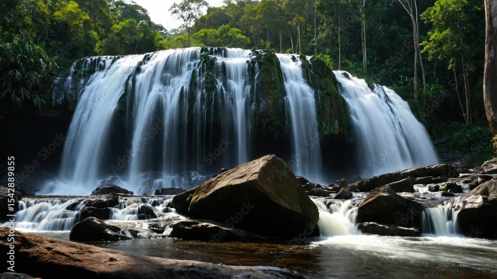Obraz premium Cascading waterfall in a lush rainforest.