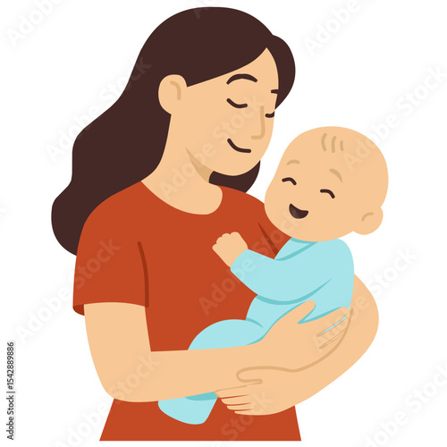 Woman holding a cute baby in her arms. Pregnancy and breastfeeding concept. Mother and child in warm clothes. Mother's day, vector illustration with floral botanical leaf ornament in cartoon style.