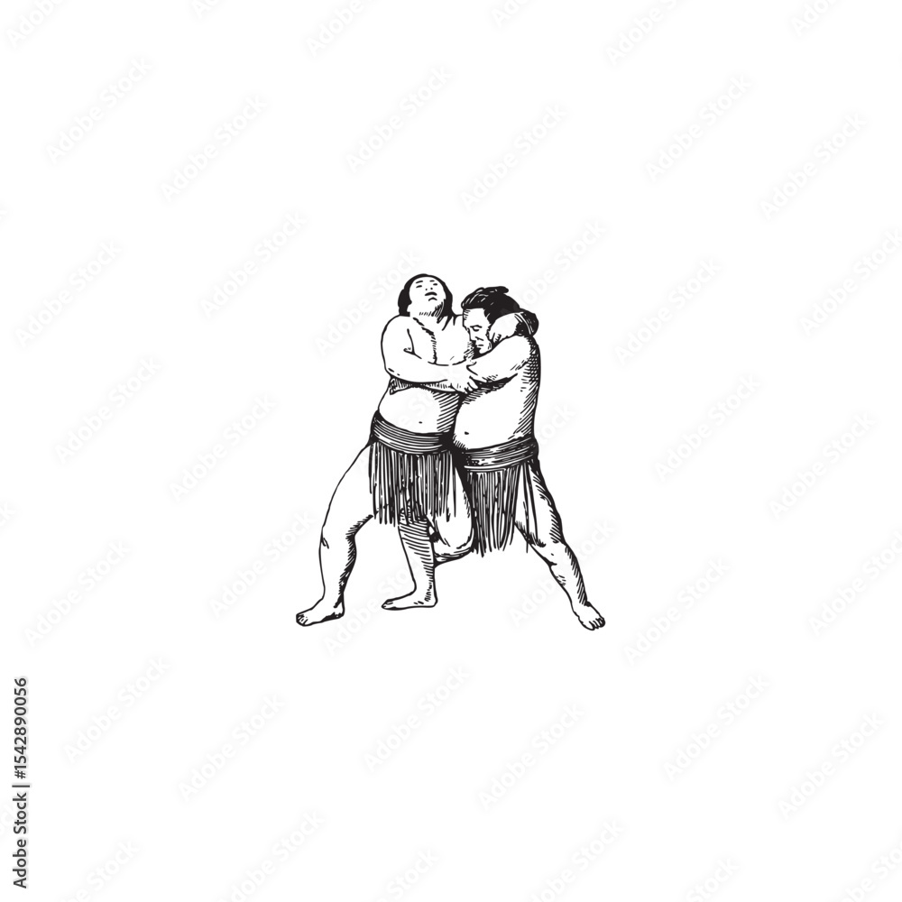 Fototapeta premium Two sumo wrestlers in traditional mawashi ready to start a match