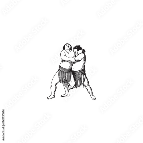 Two sumo wrestlers in traditional mawashi ready to start a match