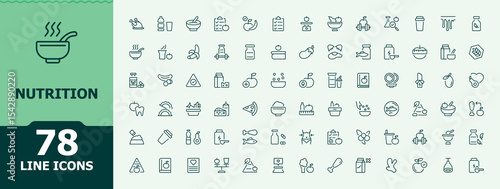 Nutrition icon set. Minimalist linear icons. Editable vector. Health line icon set. Contains such icons as supplement, food, health, metabolism, healthy and more.